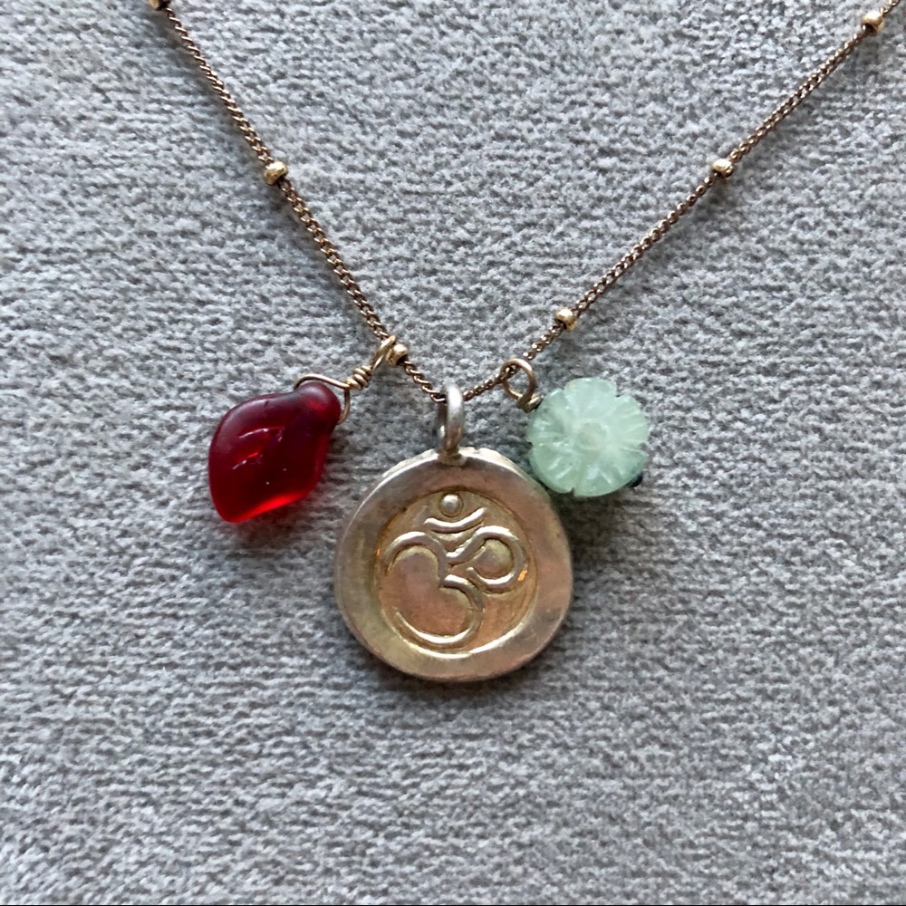 Verve Boho  Necklace with Gold Om, Jade,  Ruby